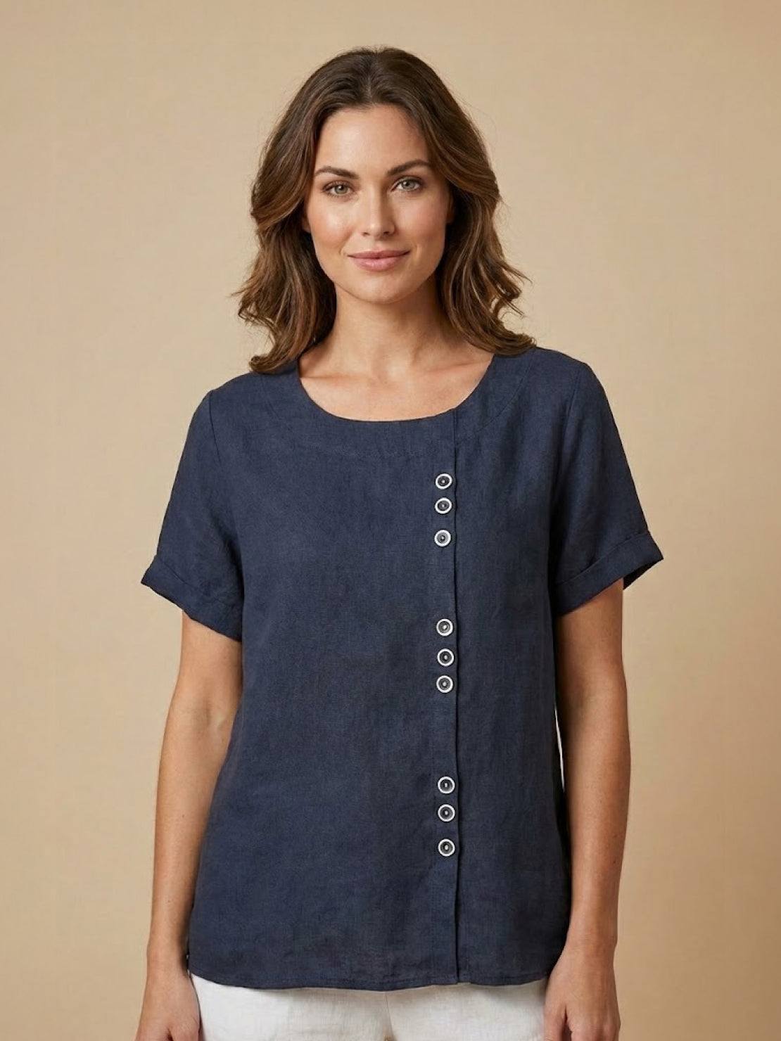 Esme | Women’s Linen Round Neck Button Summer Blouse