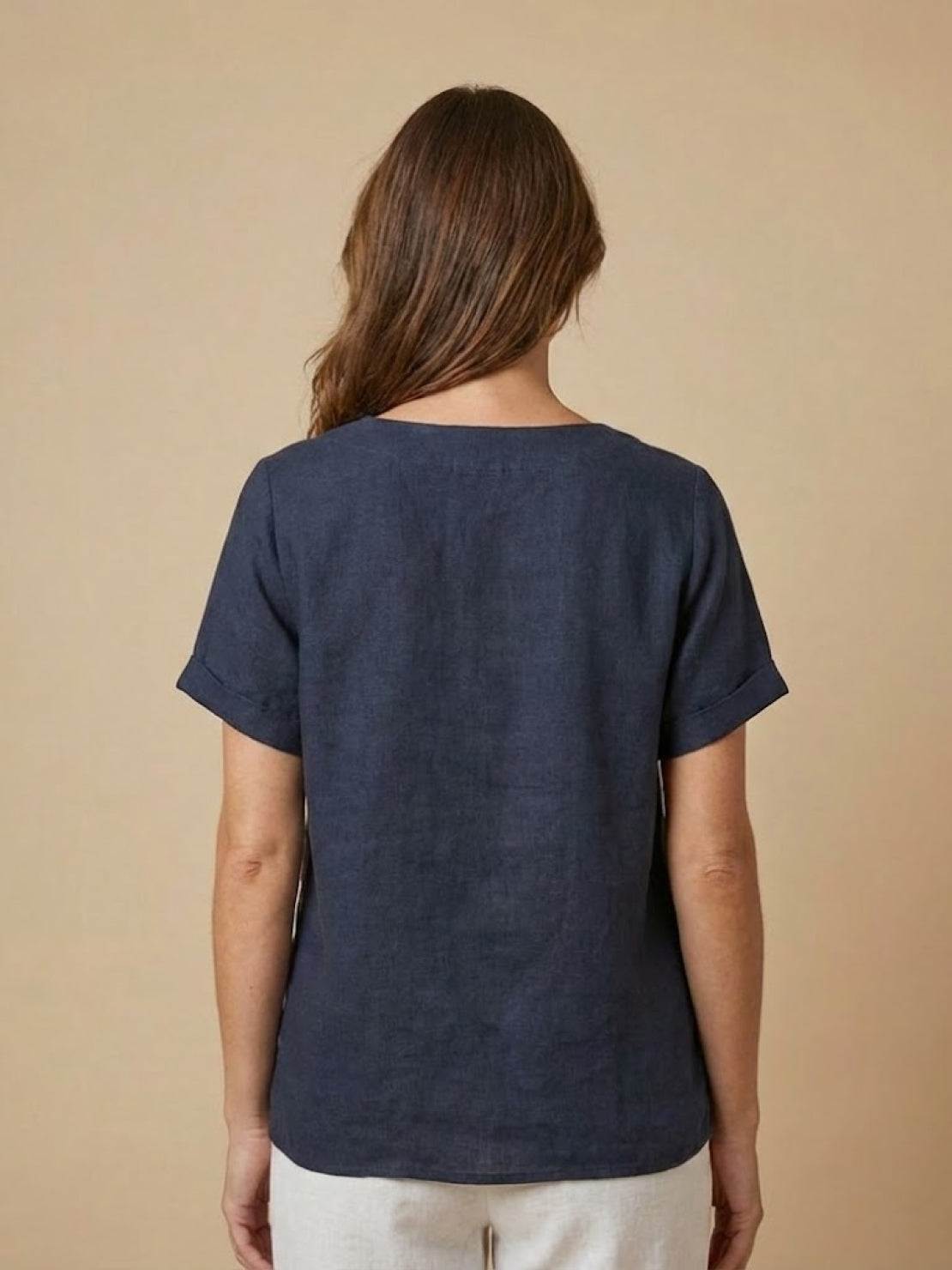Esme | Women’s Linen Round Neck Button Summer Blouse