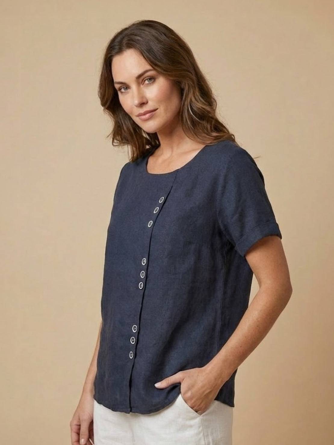 Esme | Women’s Linen Round Neck Button Summer Blouse
