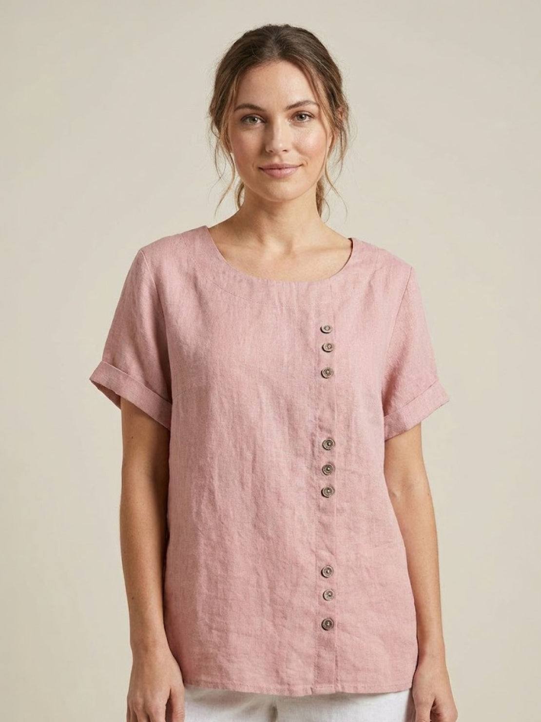 Esme | Women’s Linen Round Neck Button Summer Blouse