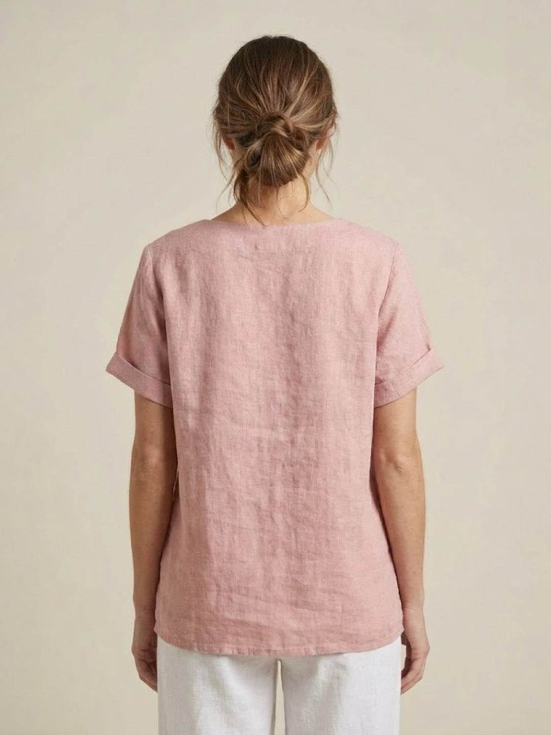 Esme | Women’s Linen Round Neck Button Summer Blouse