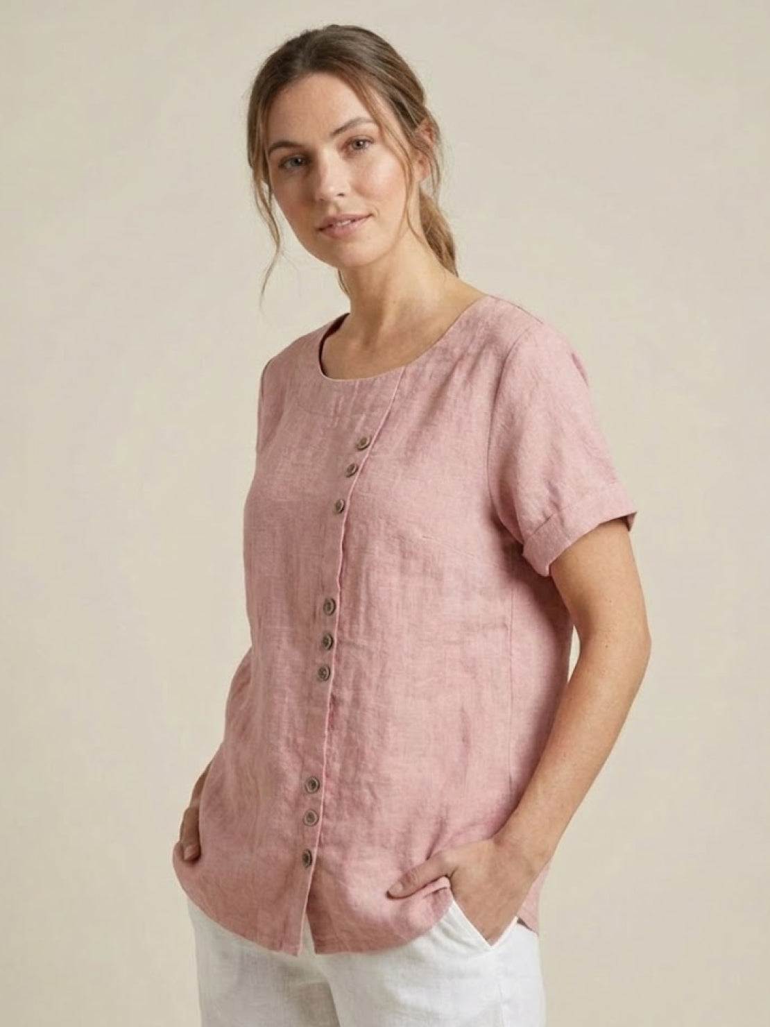 Esme | Women’s Linen Round Neck Button Summer Blouse