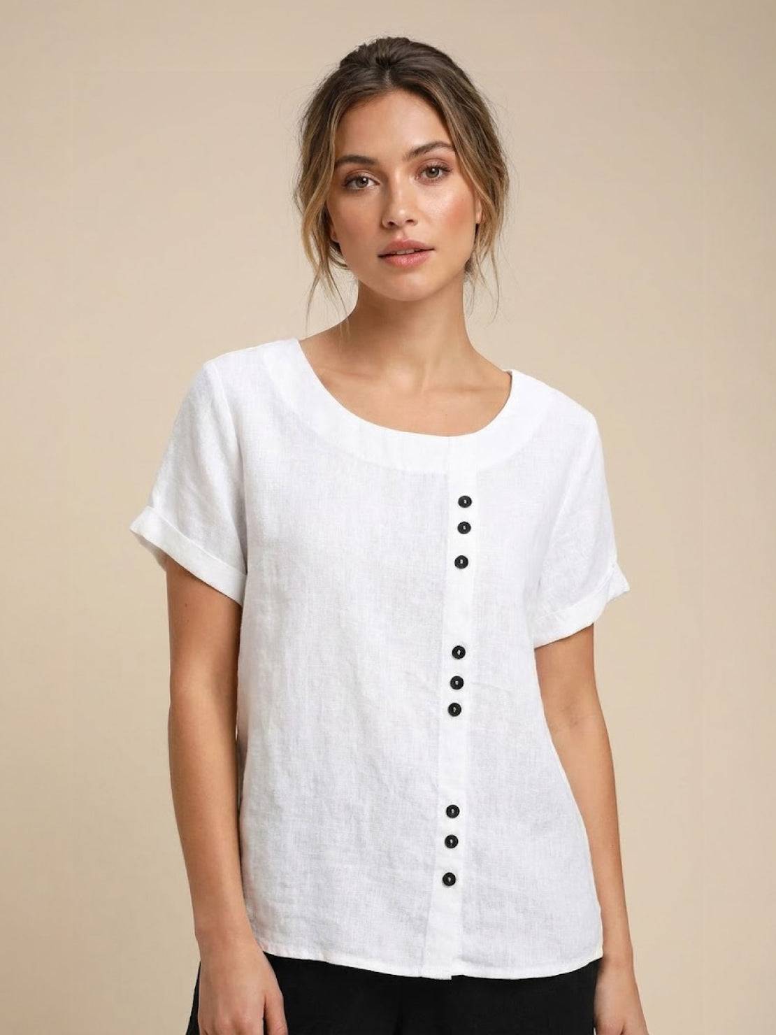 Esme | Women’s Linen Round Neck Button Summer Blouse