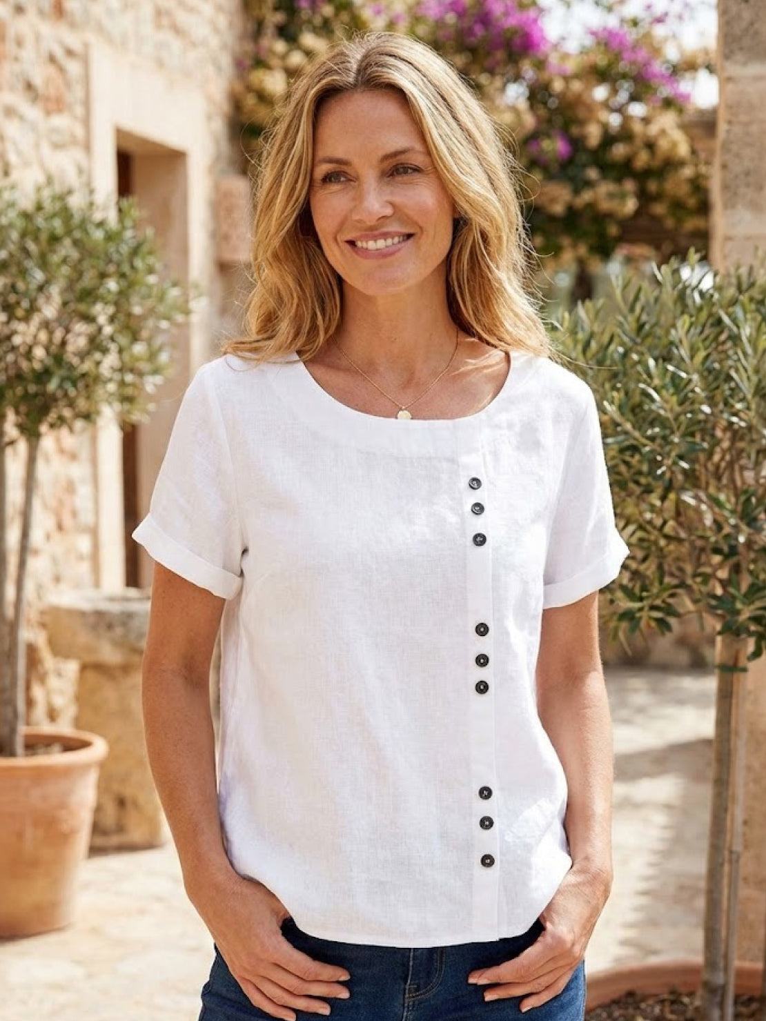 Esme | Women’s Linen Round Neck Button Summer Blouse