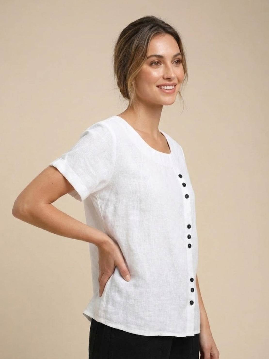 Esme | Women’s Linen Round Neck Button Summer Blouse