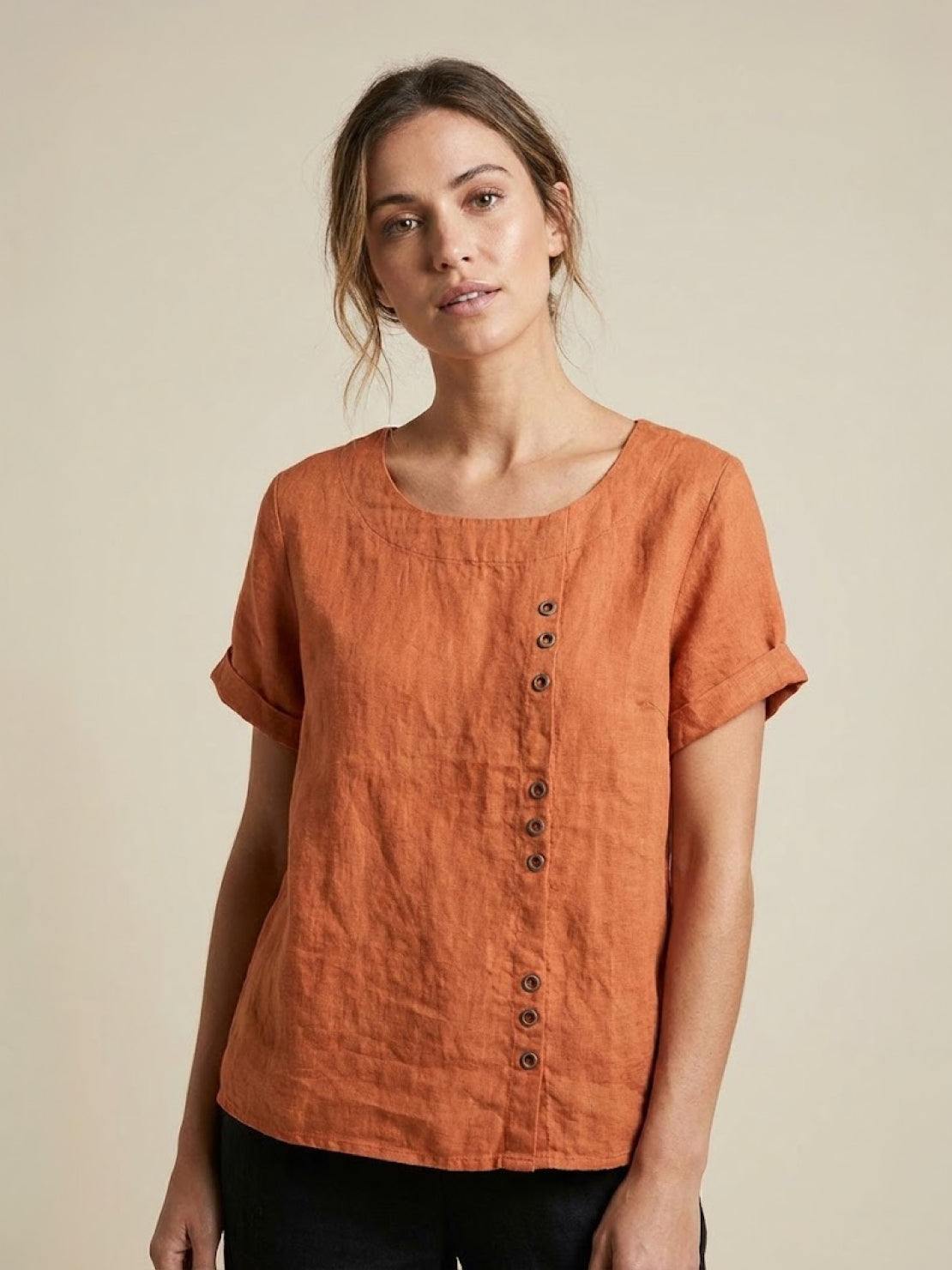 Esme | Women’s Linen Round Neck Button Summer Blouse
