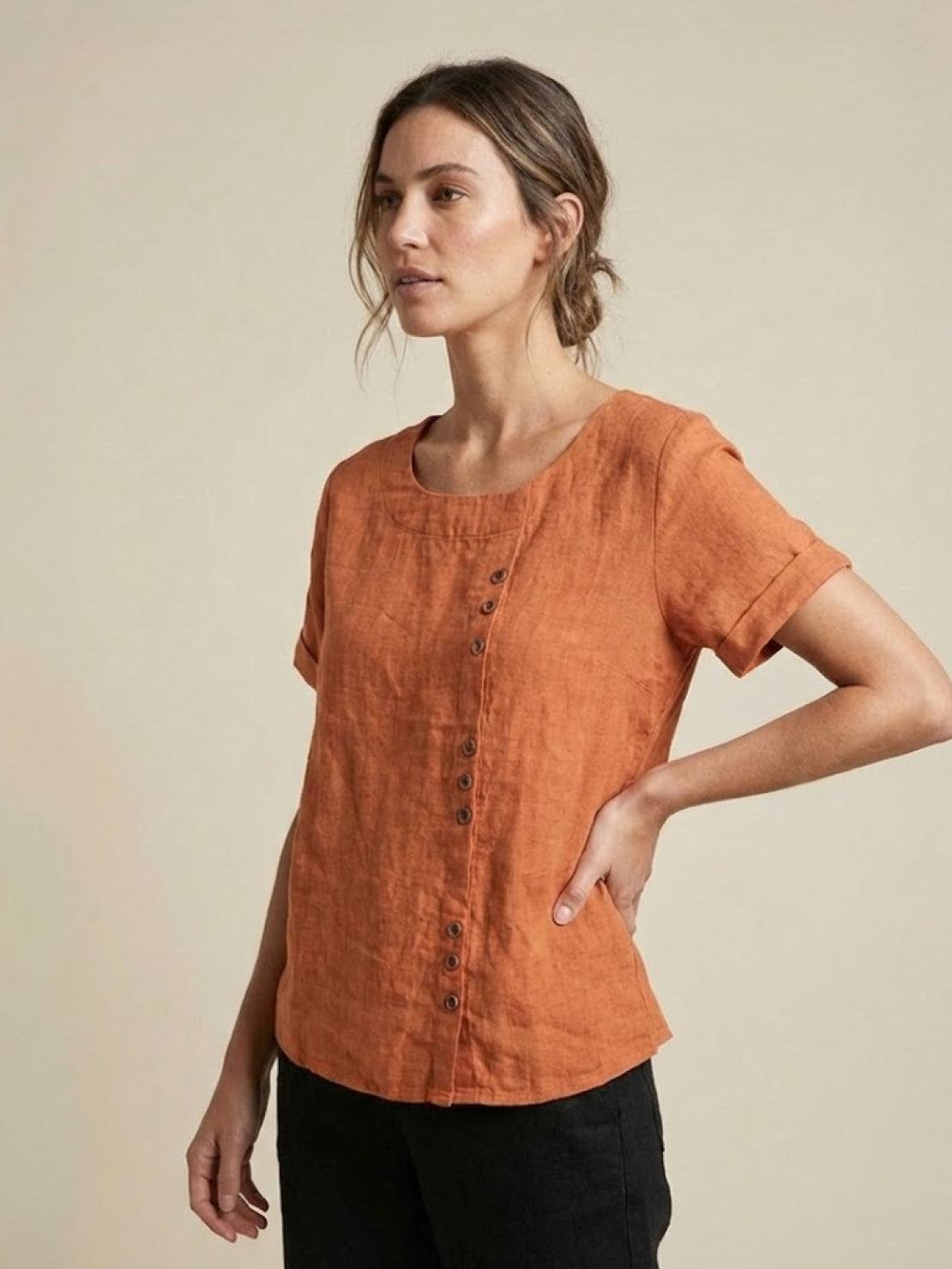 Esme | Women’s Linen Round Neck Button Summer Blouse