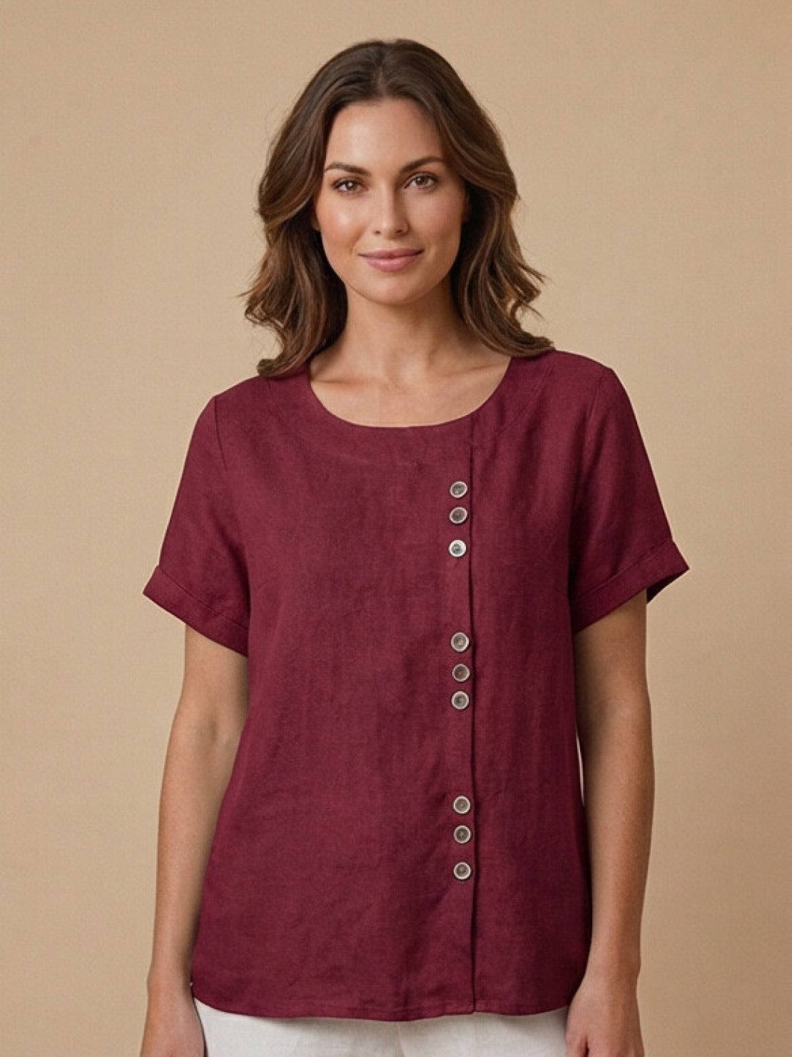 Esme | Women’s Linen Round Neck Button Summer Blouse