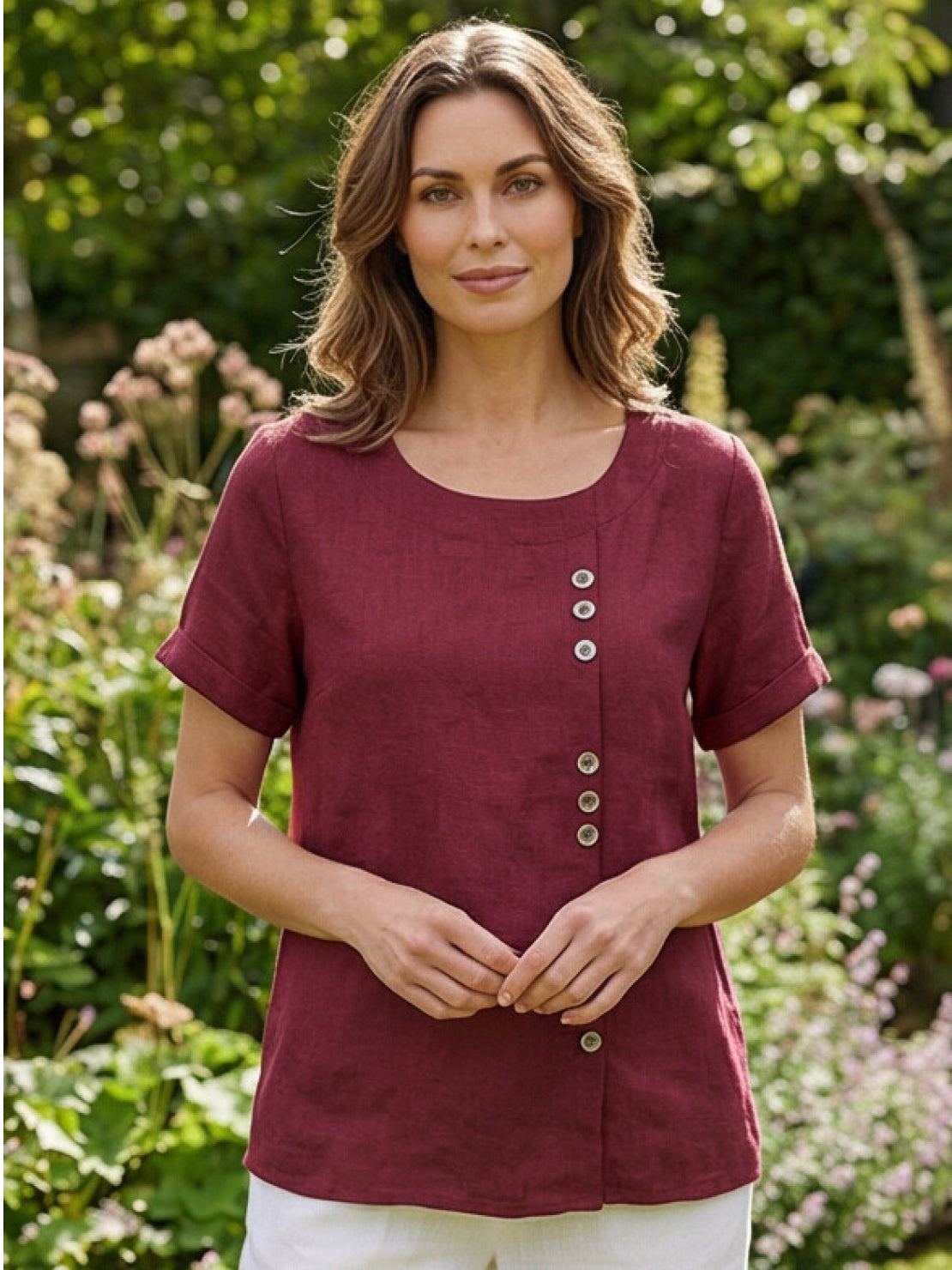 Esme | Women’s Linen Round Neck Button Summer Blouse