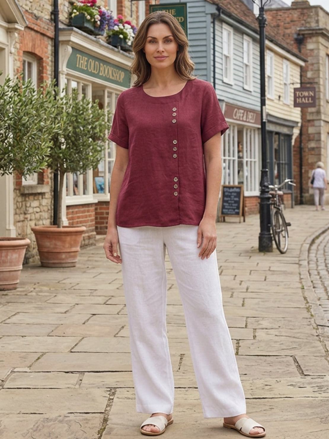 Esme | Women’s Linen Round Neck Button Summer Blouse