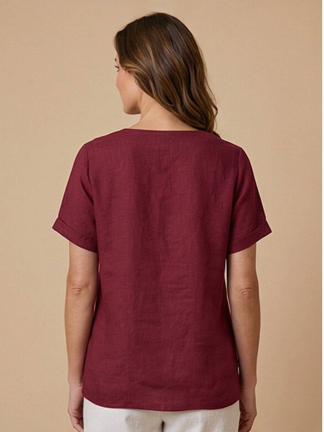Esme | Women’s Linen Round Neck Button Summer Blouse