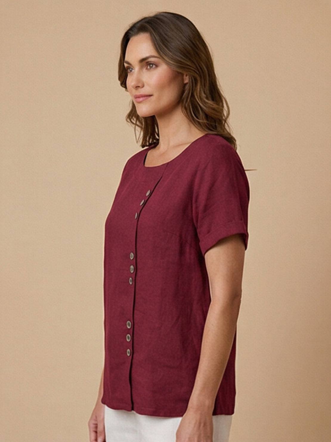 Esme | Women’s Linen Round Neck Button Summer Blouse