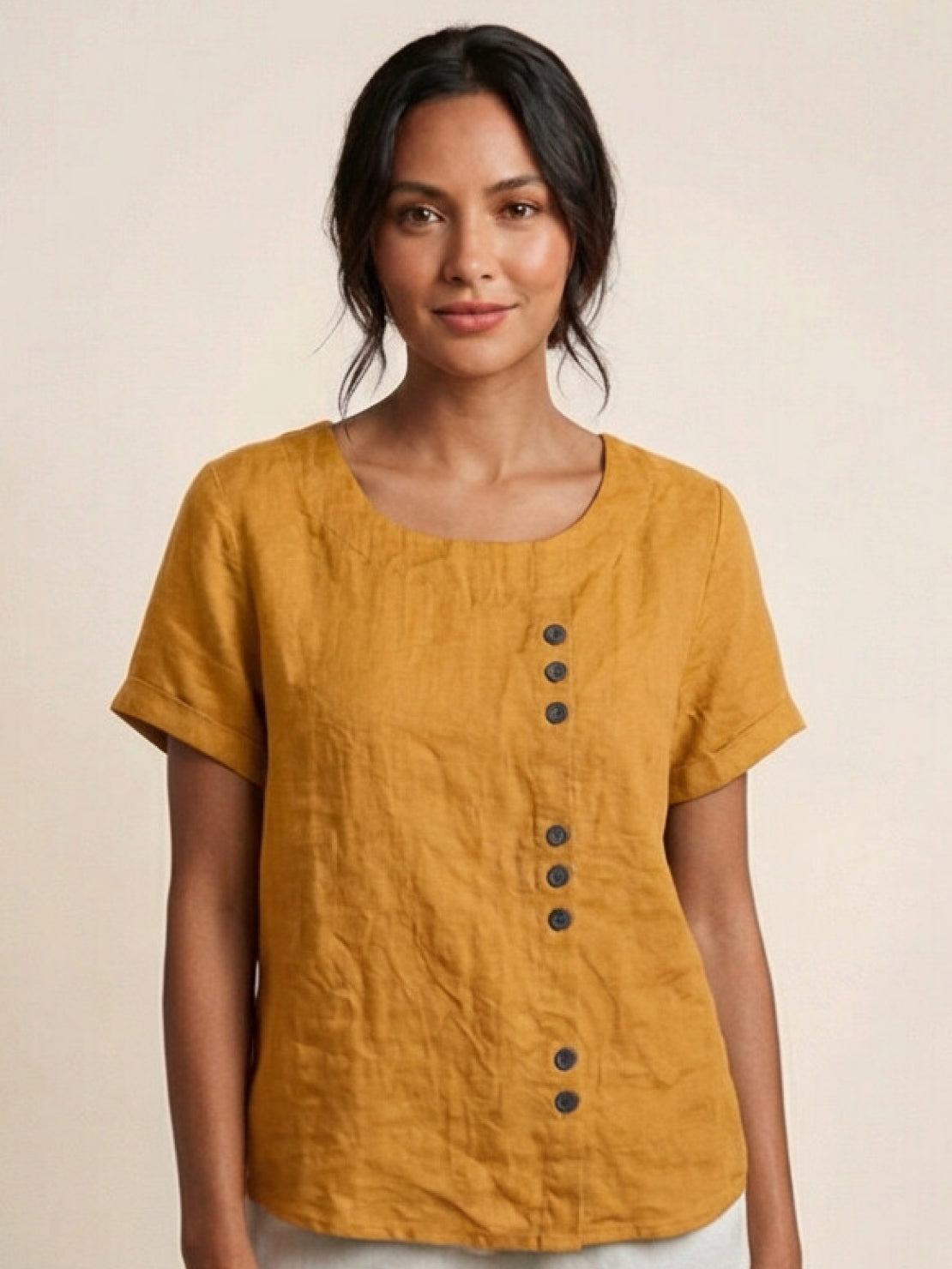 Esme | Women’s Linen Round Neck Button Summer Blouse