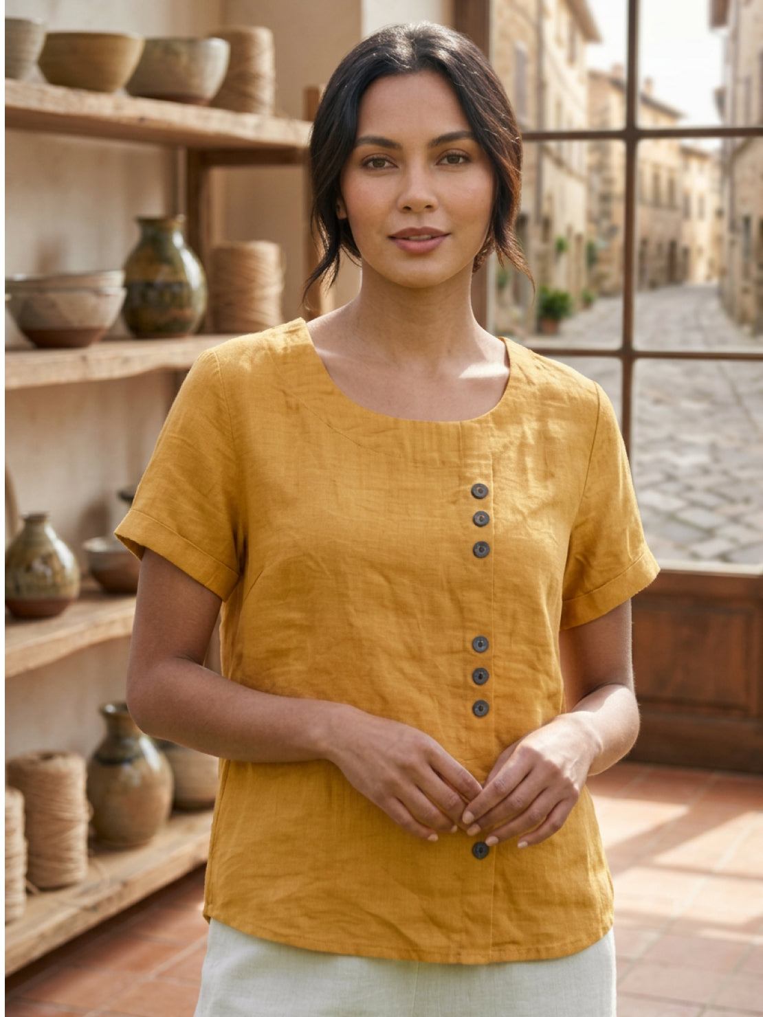 Esme | Women’s Linen Round Neck Button Summer Blouse