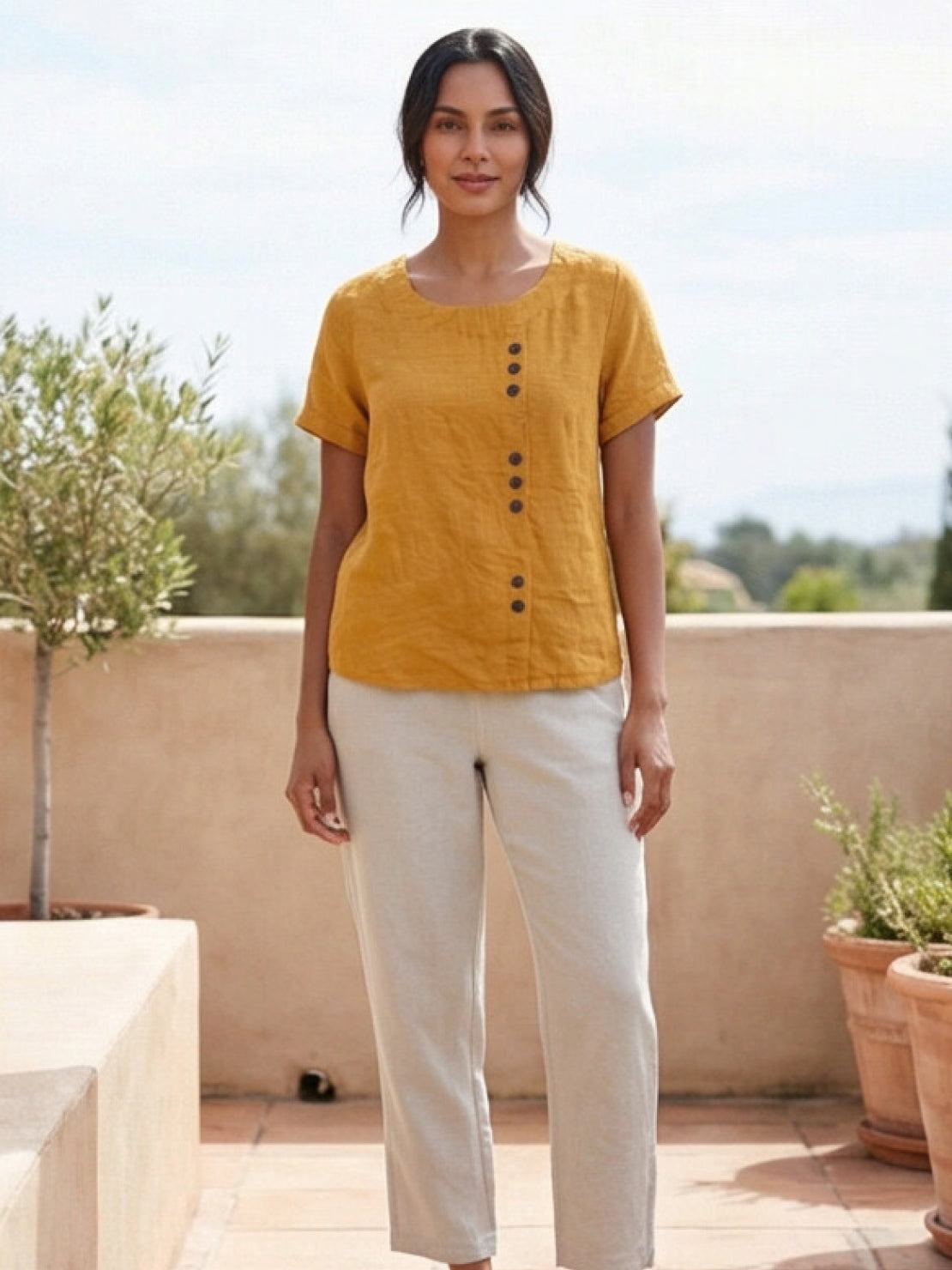 Esme | Women’s Linen Round Neck Button Summer Blouse