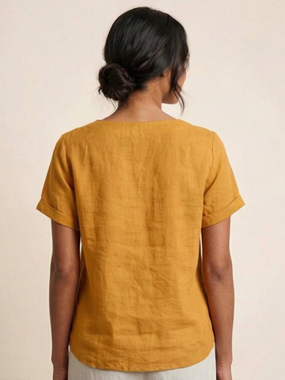 Esme | Women’s Linen Round Neck Button Summer Blouse