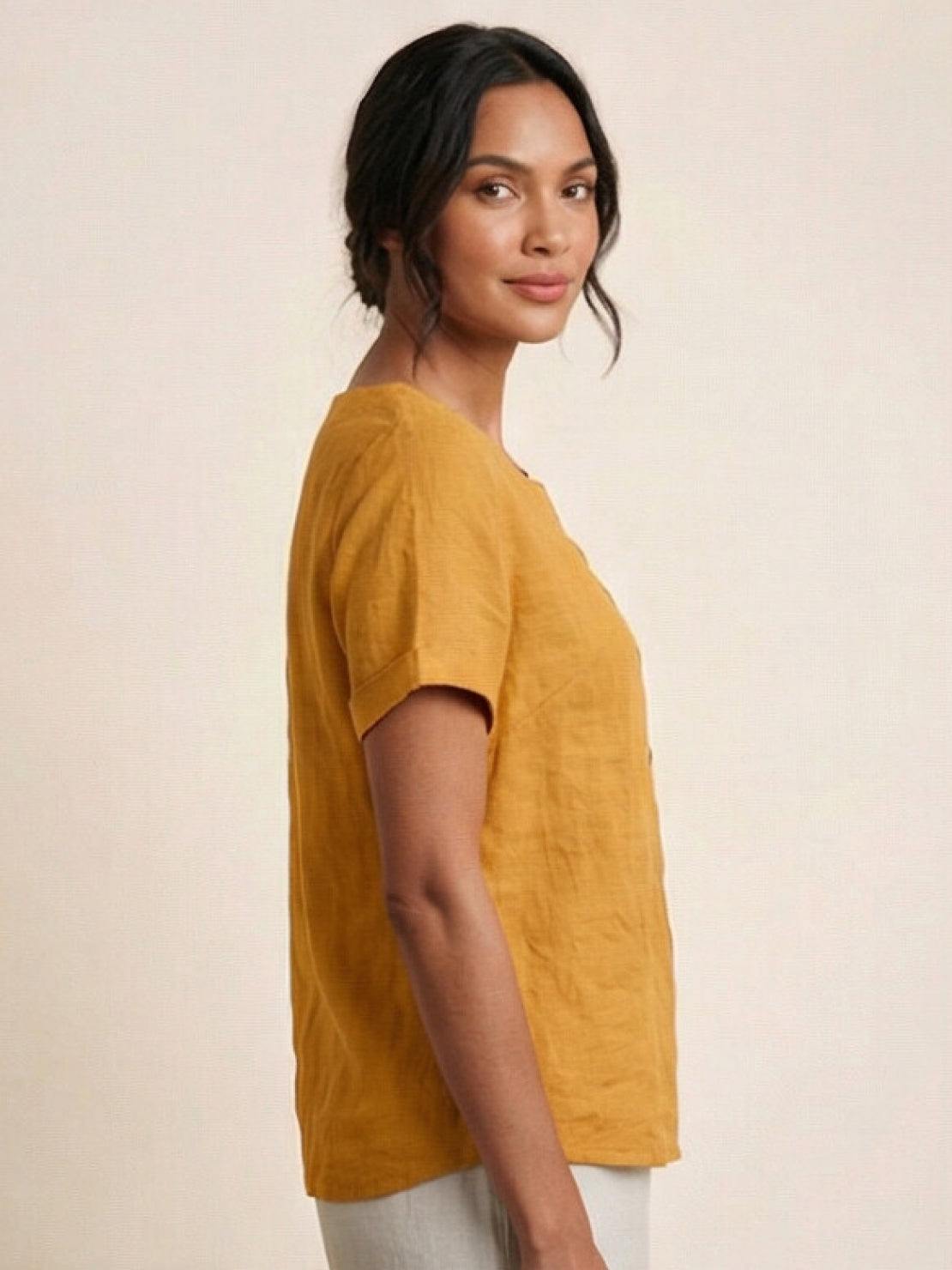 Esme | Women’s Linen Round Neck Button Summer Blouse