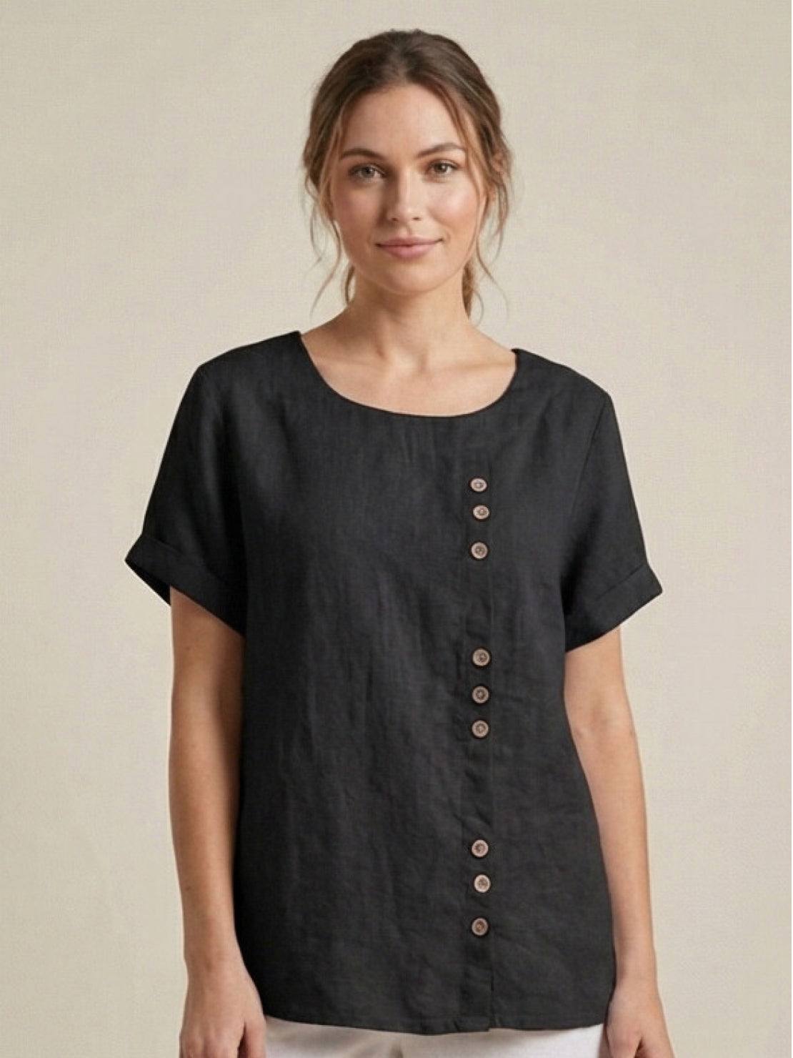 Esme | Women’s Linen Round Neck Button Summer Blouse