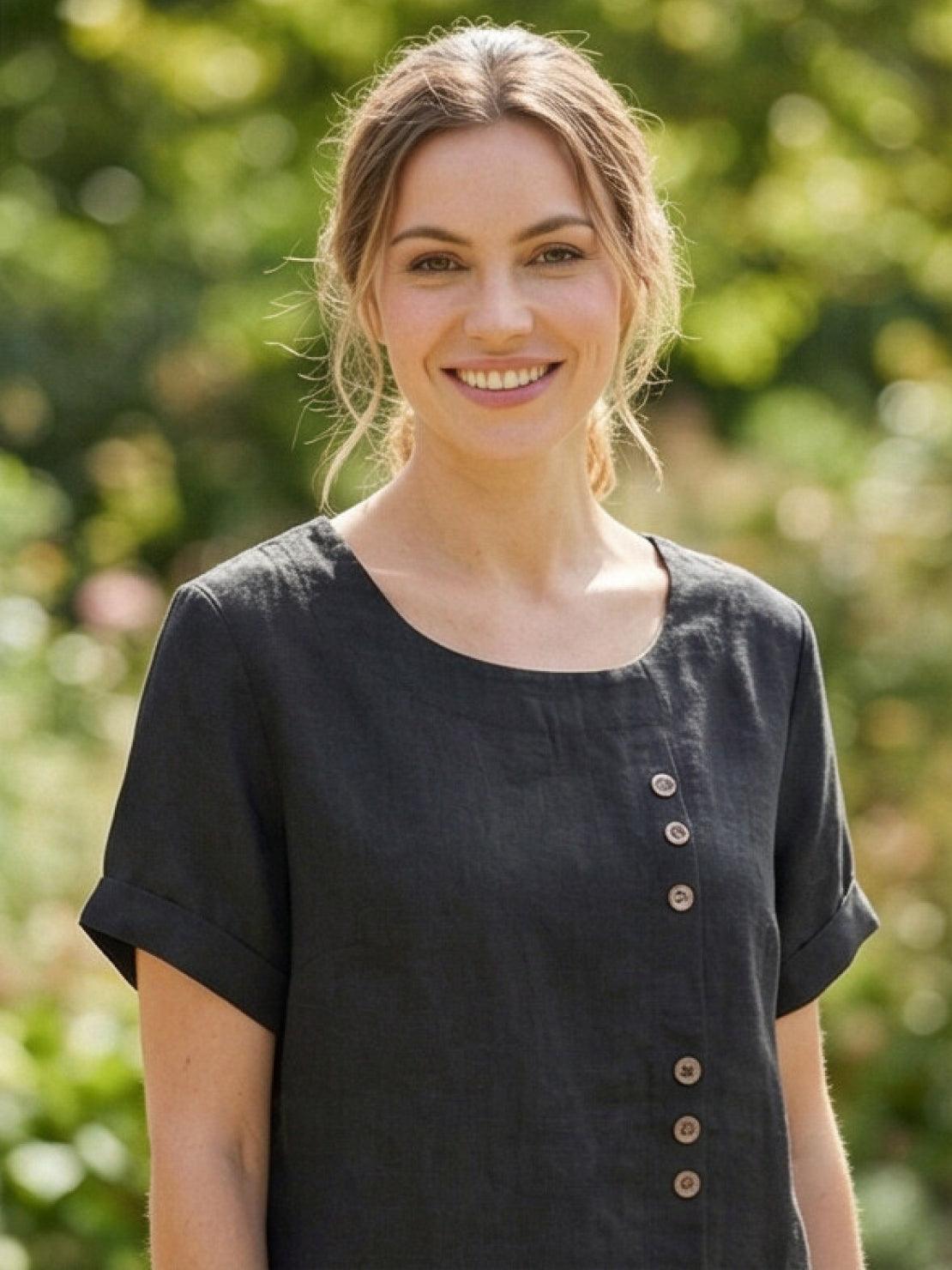 Esme | Women’s Linen Round Neck Button Summer Blouse