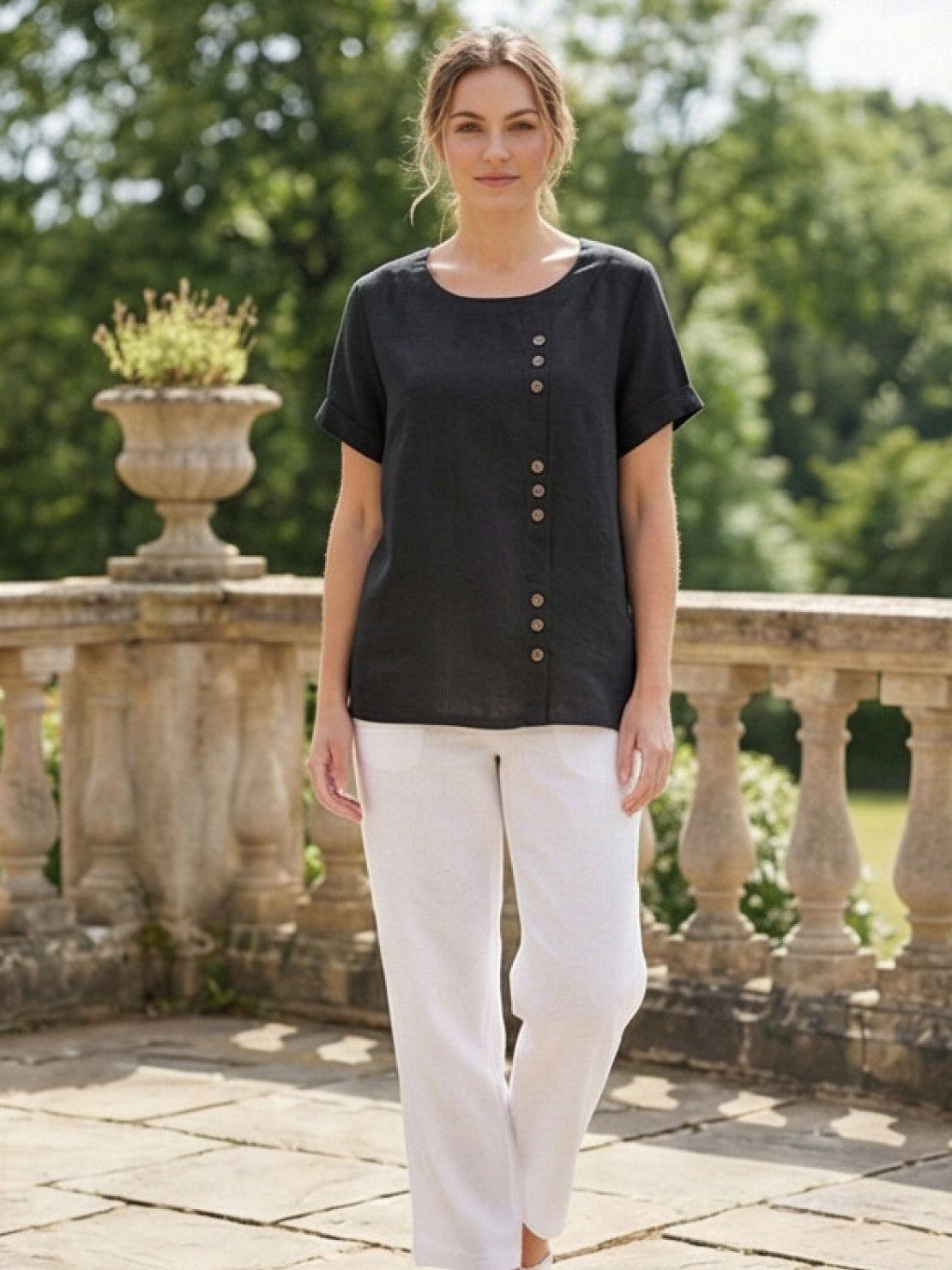 Esme | Women’s Linen Round Neck Button Summer Blouse