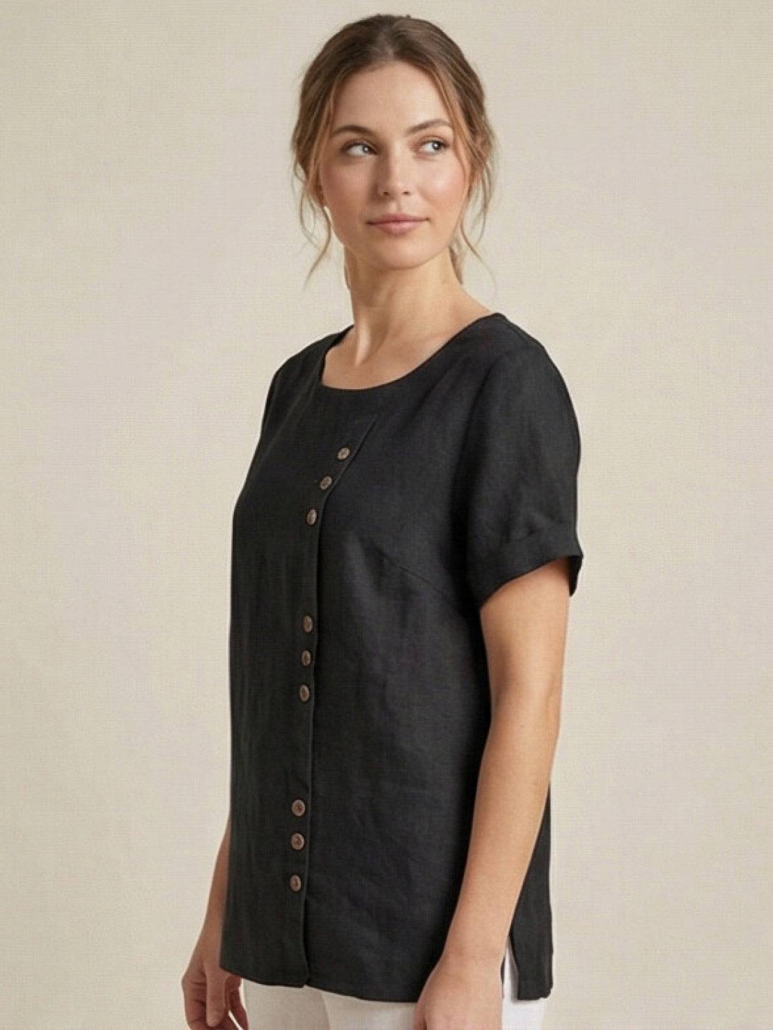 Esme | Women’s Linen Round Neck Button Summer Blouse