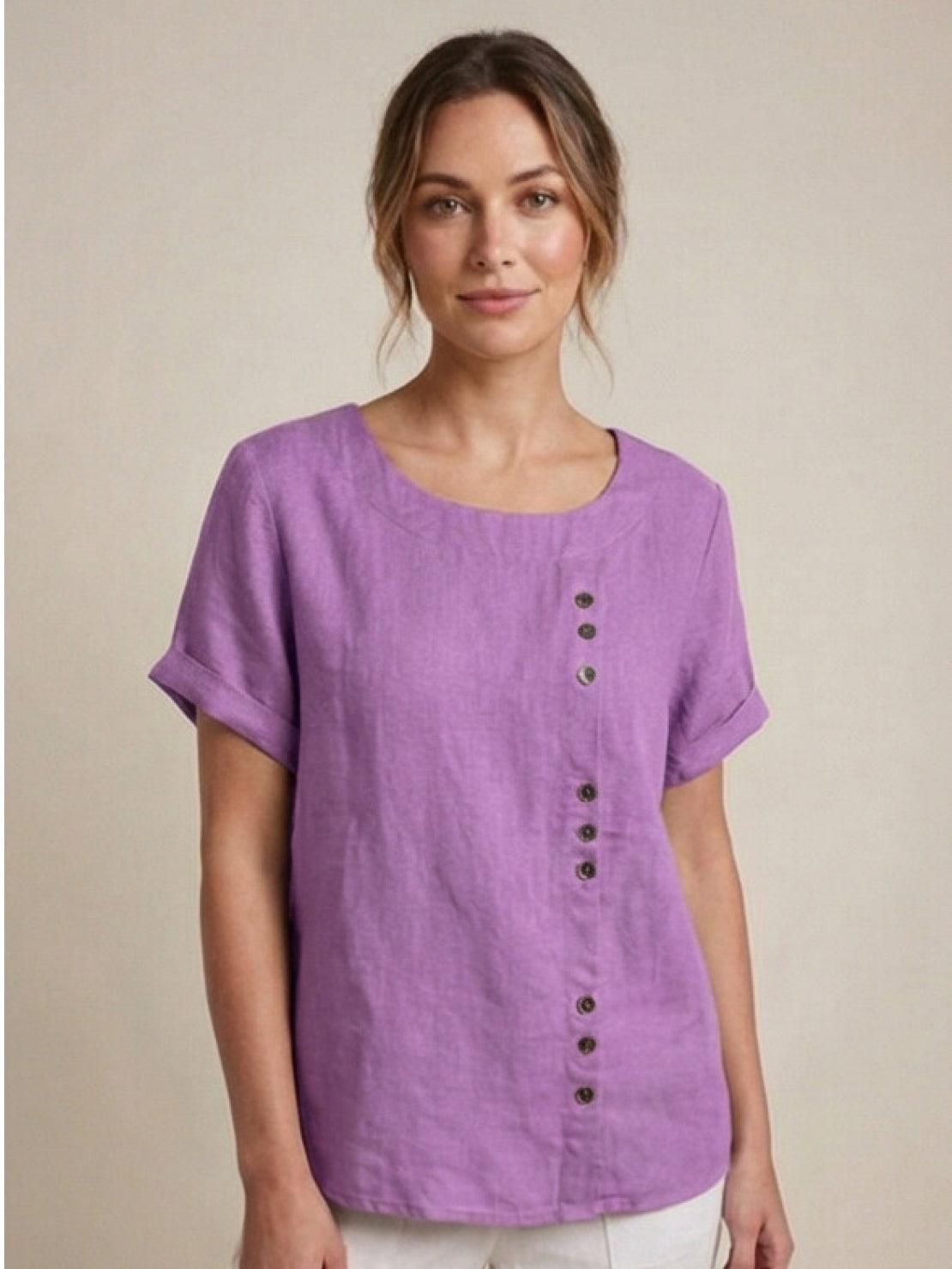 Esme | Women’s Linen Round Neck Button Summer Blouse