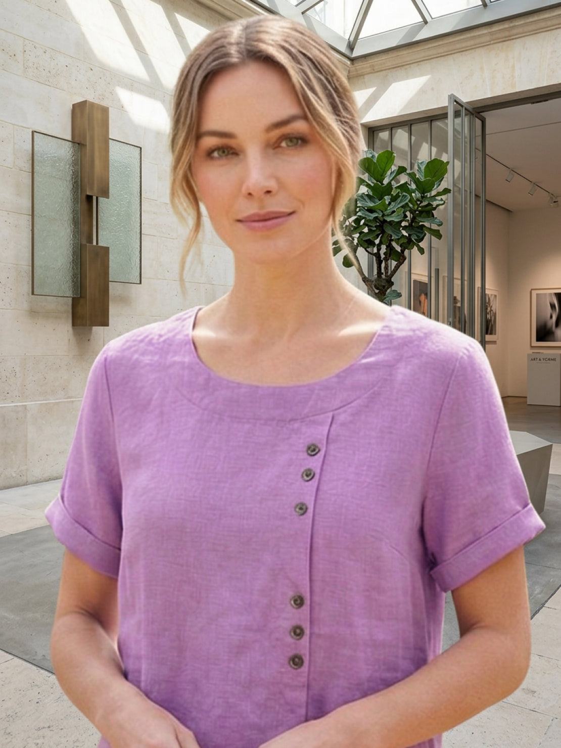 Esme | Women’s Linen Round Neck Button Summer Blouse