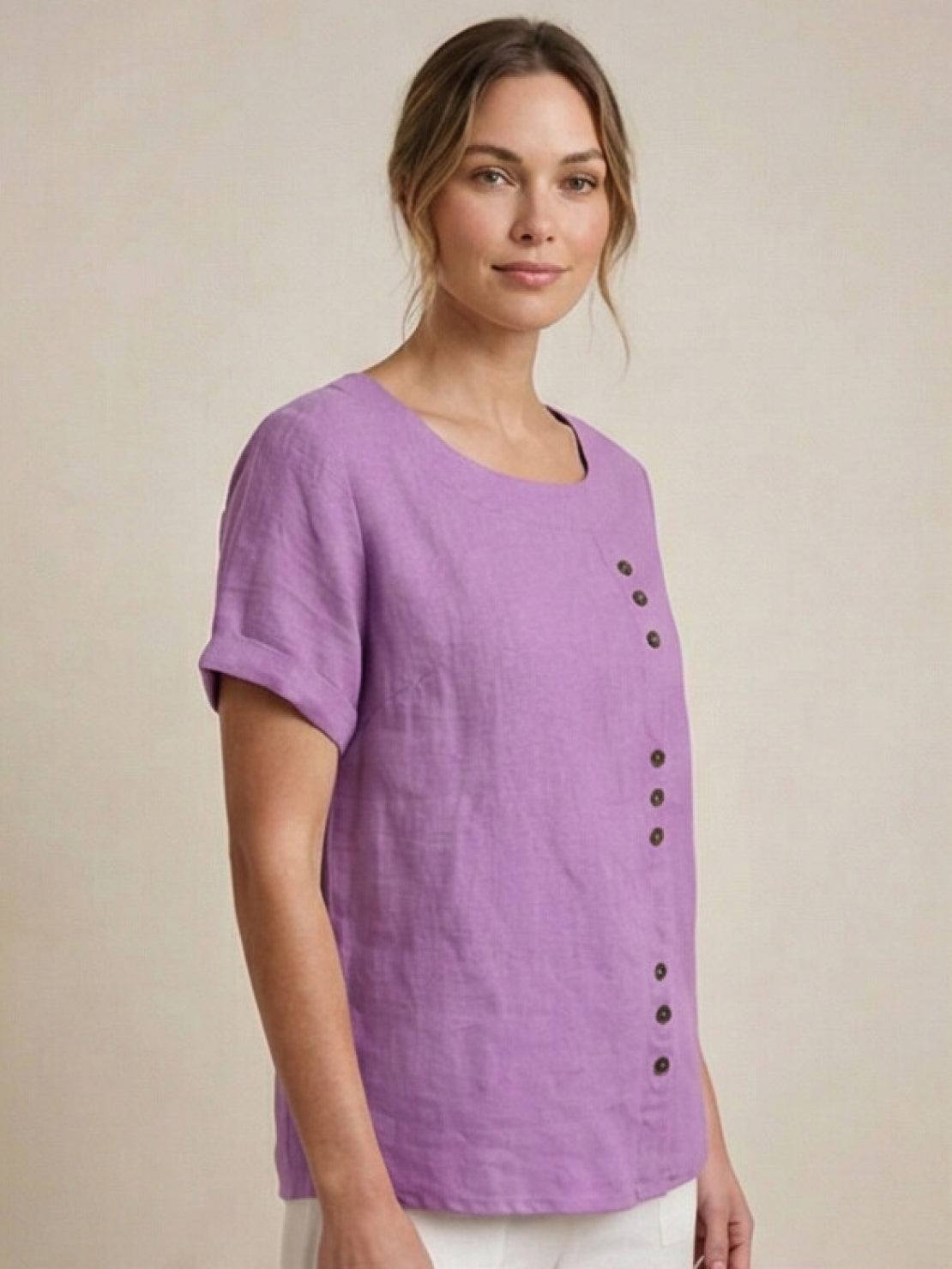 Esme | Women’s Linen Round Neck Button Summer Blouse