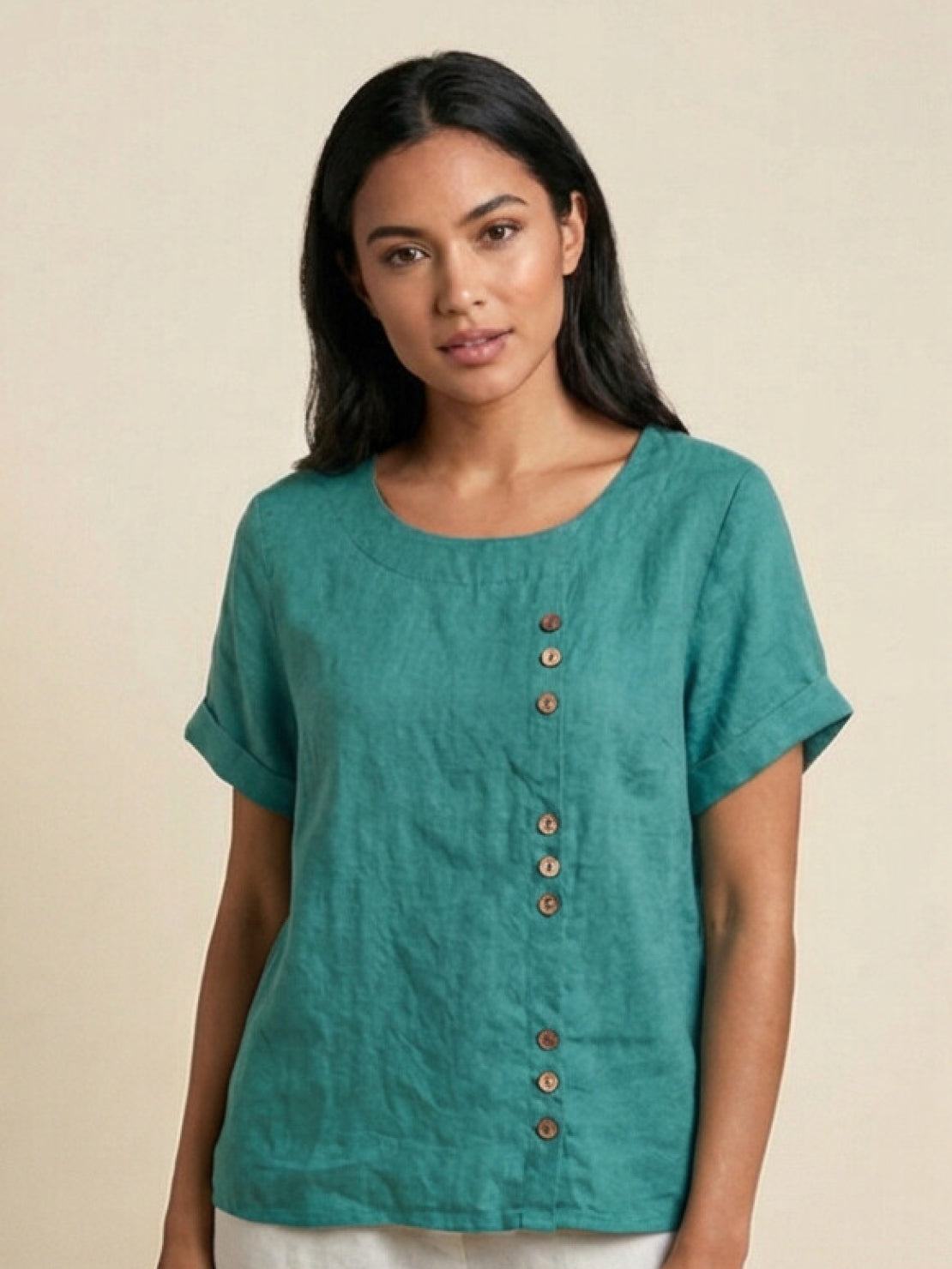 Esme | Women’s Linen Round Neck Button Summer Blouse