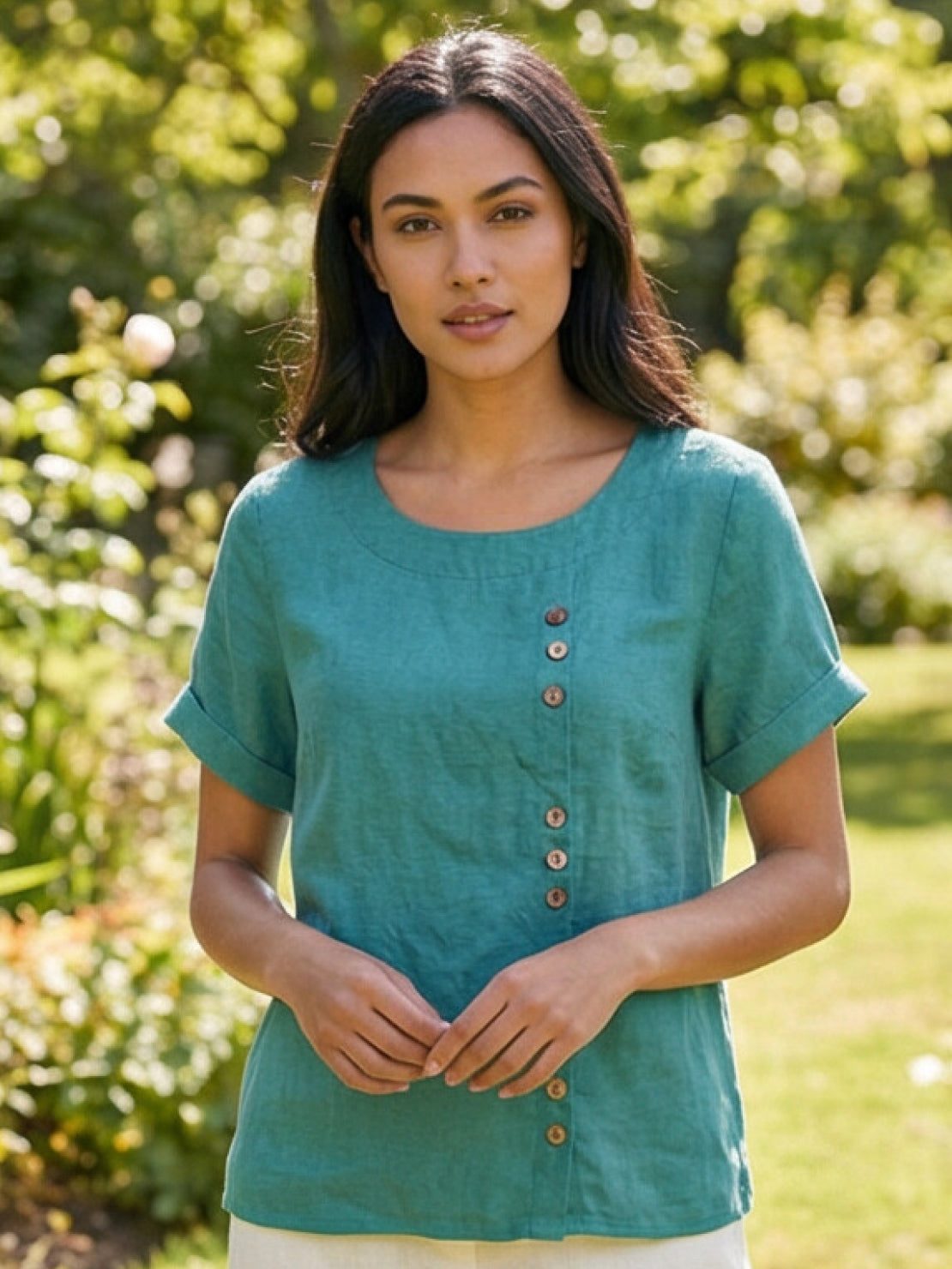 Esme | Women’s Linen Round Neck Button Summer Blouse