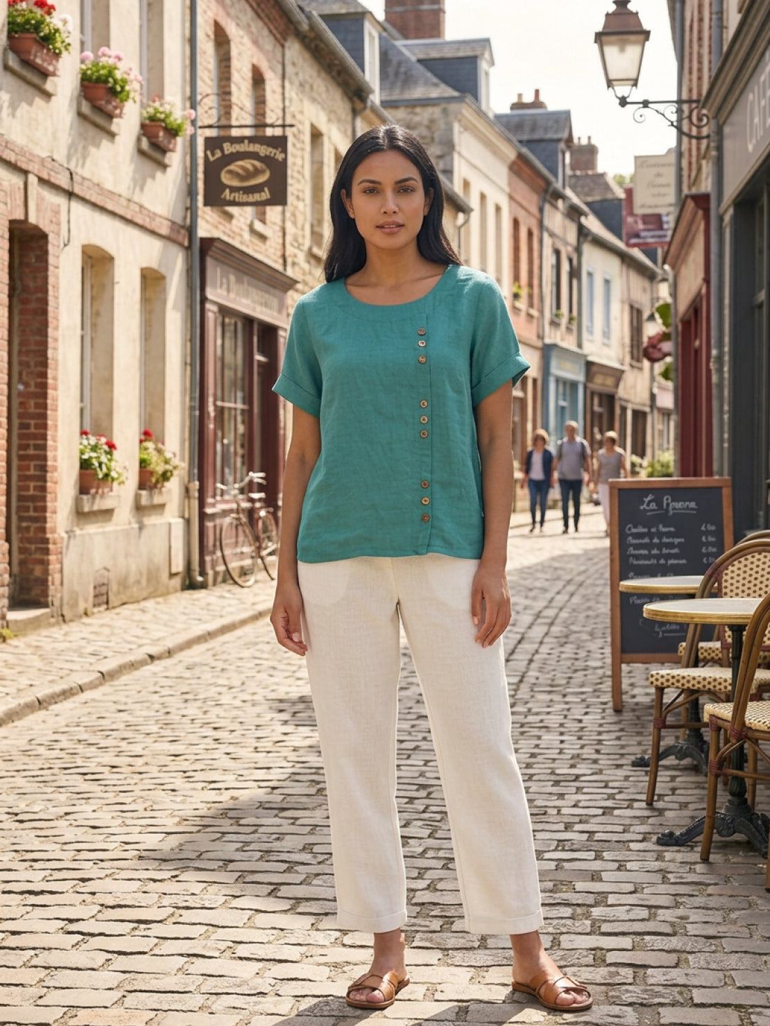 Esme | Women’s Linen Round Neck Button Summer Blouse