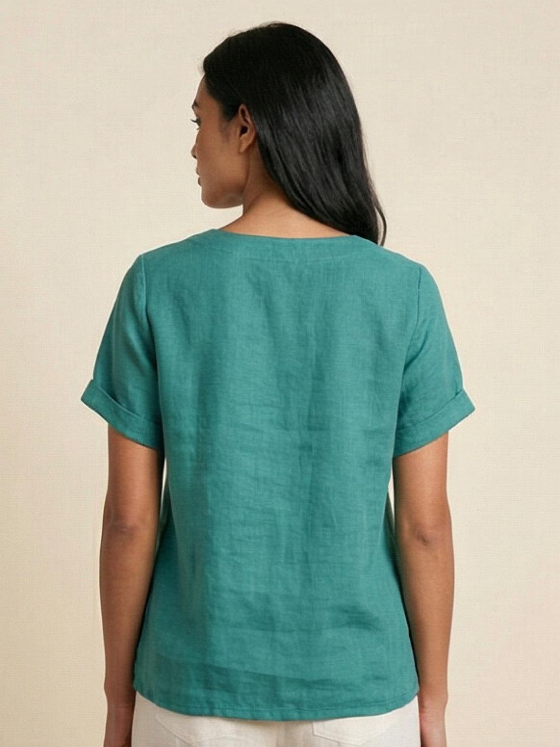 Esme | Women’s Linen Round Neck Button Summer Blouse