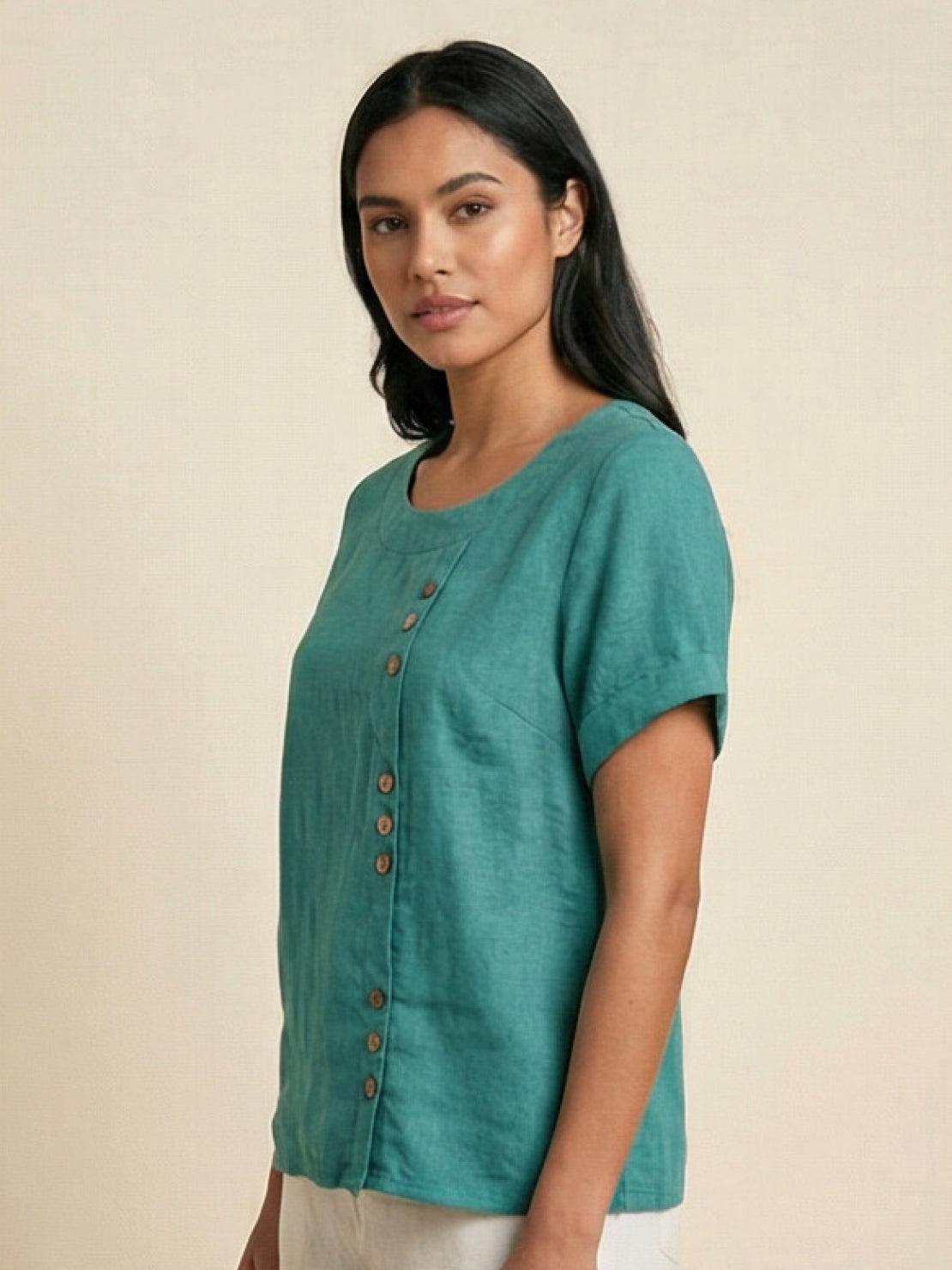 Esme | Women’s Linen Round Neck Button Summer Blouse