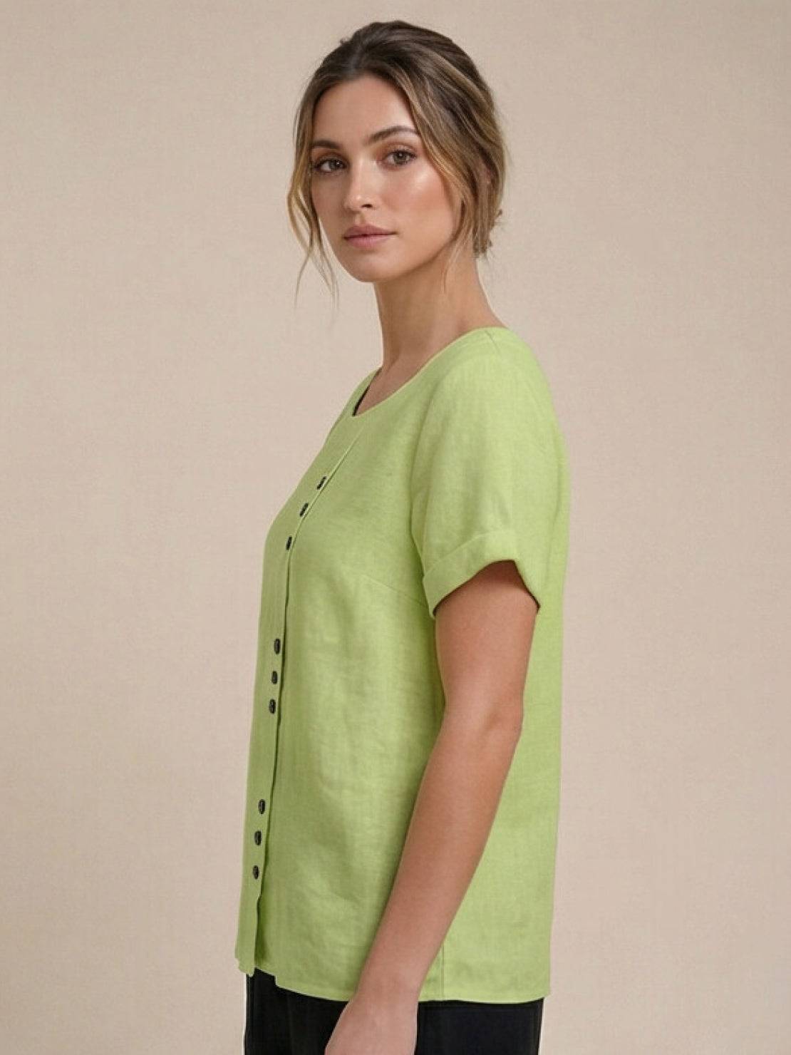 Esme | Women’s Linen Round Neck Button Summer Blouse