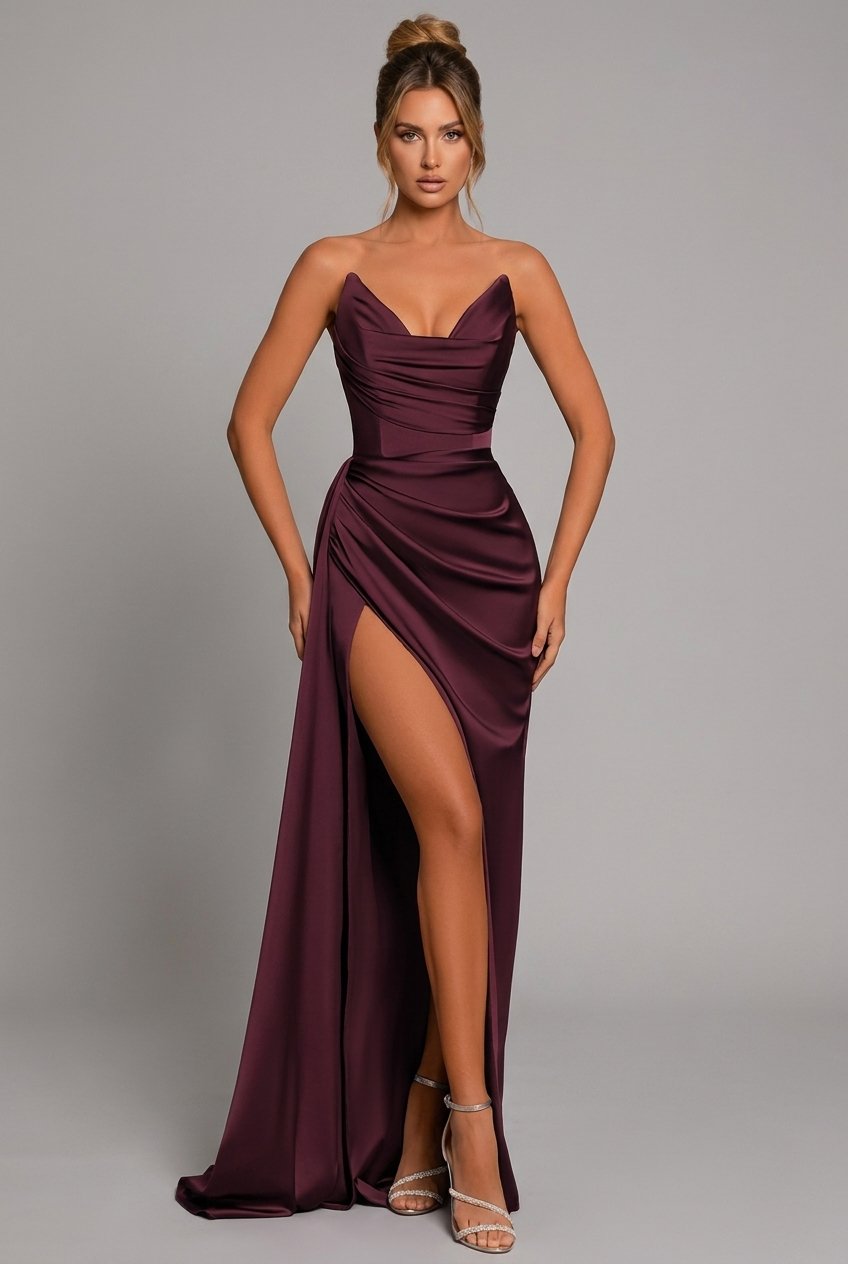 Emily | Satin Maxi Wedding Guest Dress Ruched Sweetheart Split