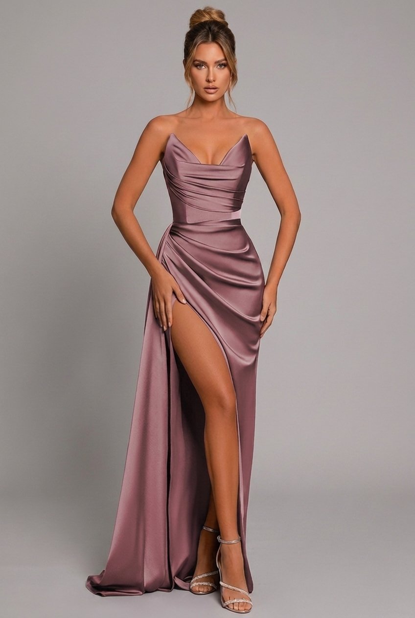 Emily | Satin Maxi Wedding Guest Dress Ruched Sweetheart Split