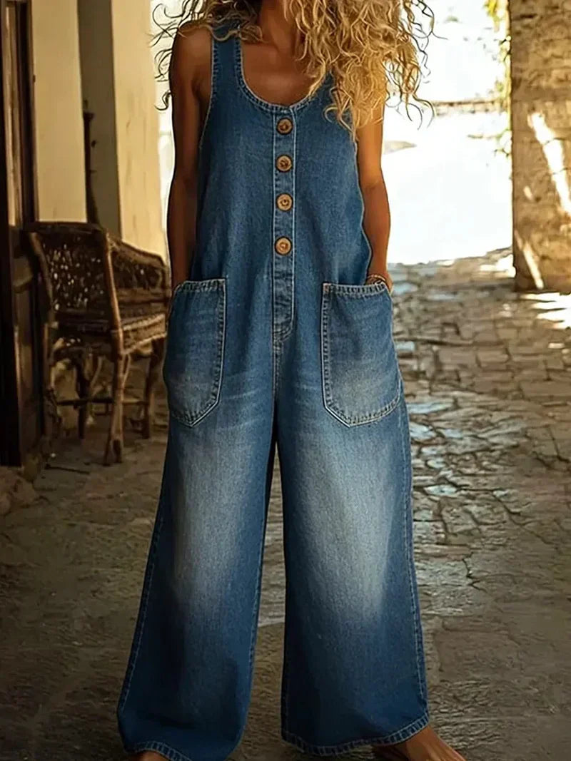 Zoe | Women's Denim Overalls Loose Fit Sleeveless Jumpsuit