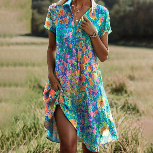 Aubrey | Boho Printed Short Sleeve Midi Dress