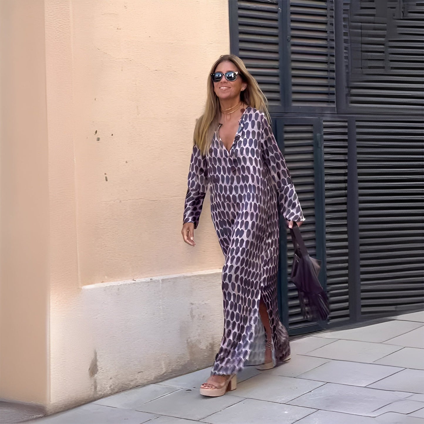Monica | Purple Brown Boho Printed Long Sleeve Maxi Dress