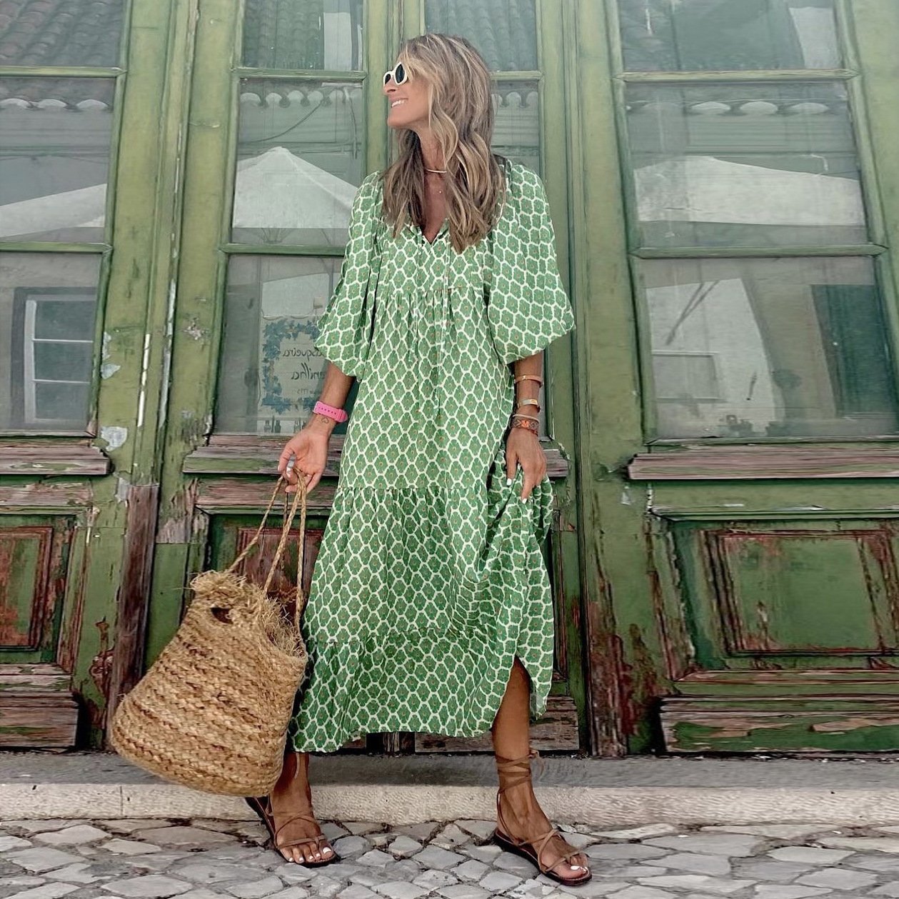 Lynne | Women's Puff Sleeve V-Neck Boho Printed Maxi Dress