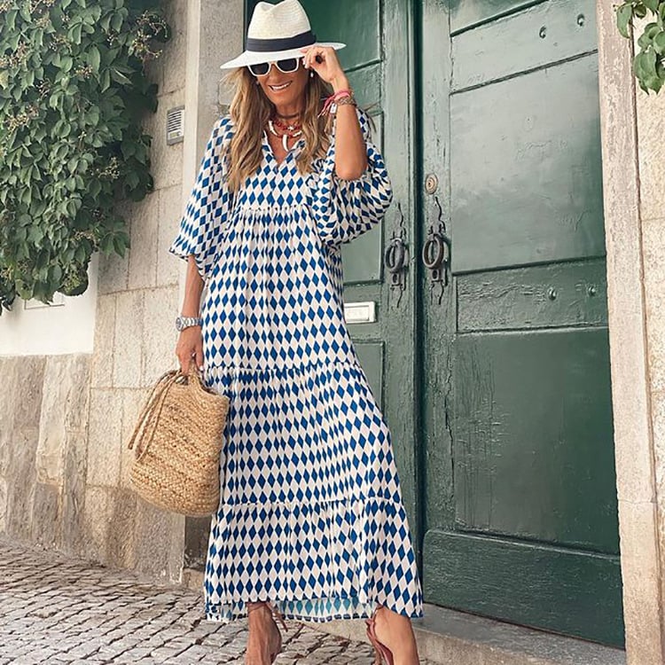 Lynne | Women's Puff Sleeve V-Neck Boho Printed Maxi Dress