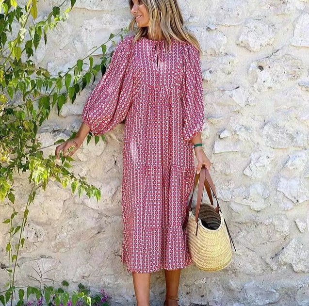 Lynne | Women's Puff Sleeve V-Neck Boho Printed Maxi Dress