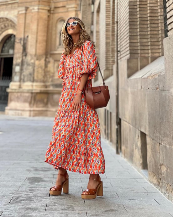 Lynne | Women's Puff Sleeve V-Neck Boho Printed Maxi Dress
