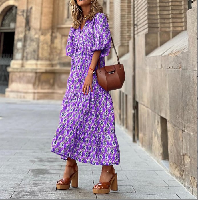 Lynne | Women's Puff Sleeve V-Neck Boho Printed Maxi Dress