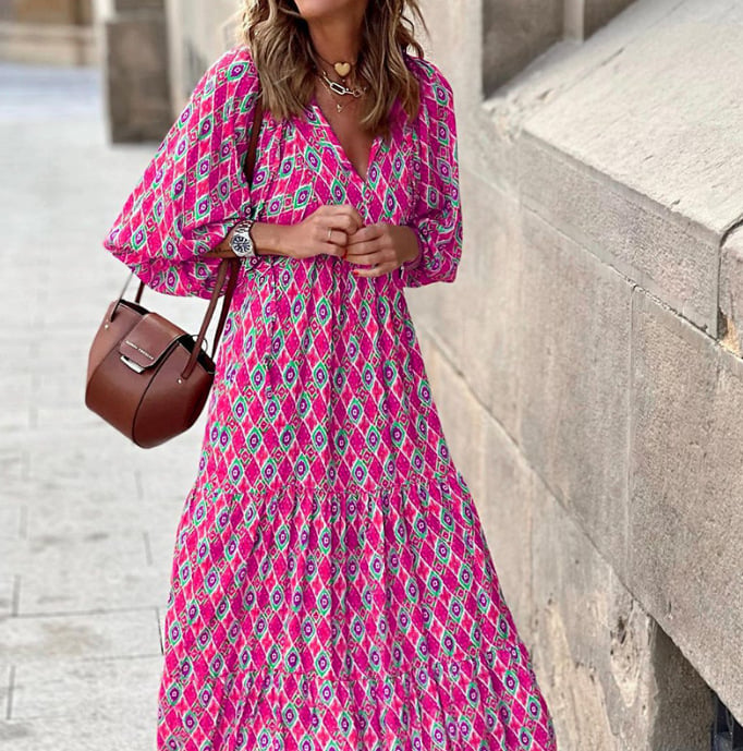 Lynne | Women's Puff Sleeve V-Neck Boho Printed Maxi Dress