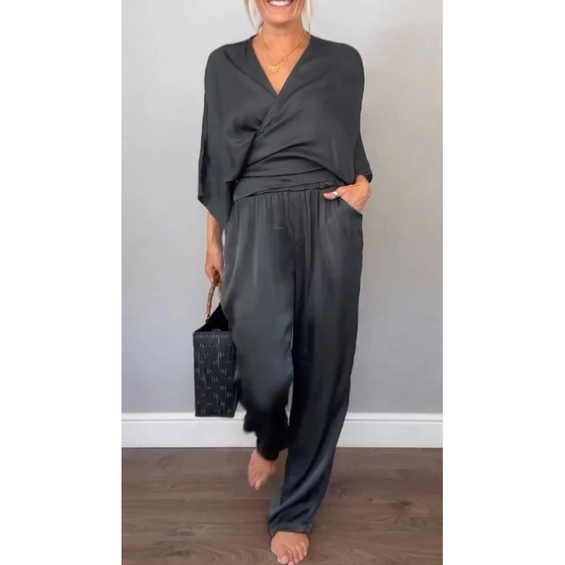 Zelda | 2 Piece Set V-Neck Wrap Top Wide Leg Pants