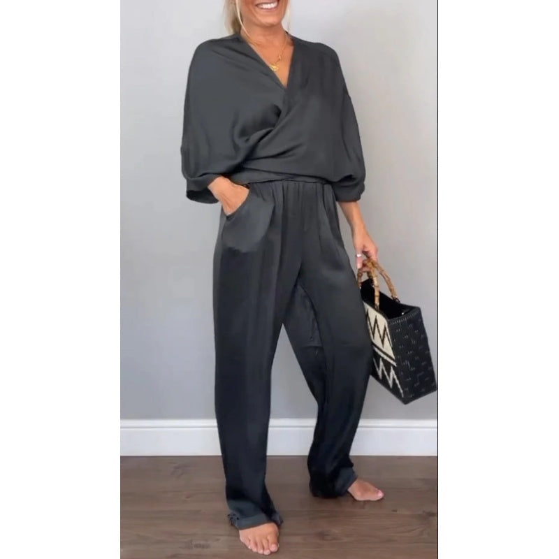 Zelda | 2 Piece Set V-Neck Wrap Top Wide Leg Pants