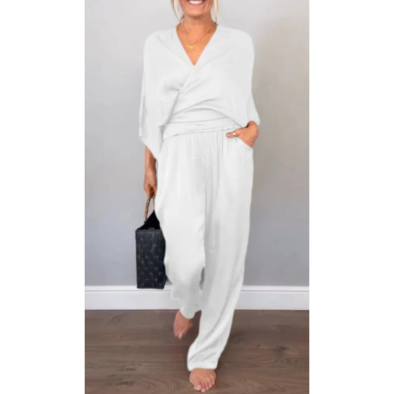 Zelda | 2 Piece Set V-Neck Wrap Top Wide Leg Pants