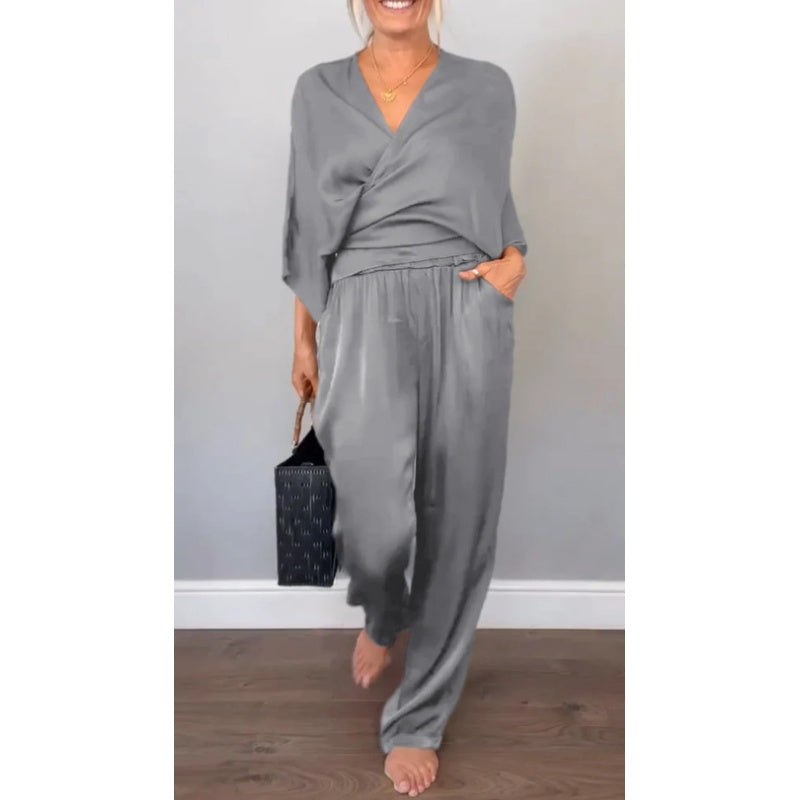 Zelda | 2 Piece Set V-Neck Wrap Top Wide Leg Pants