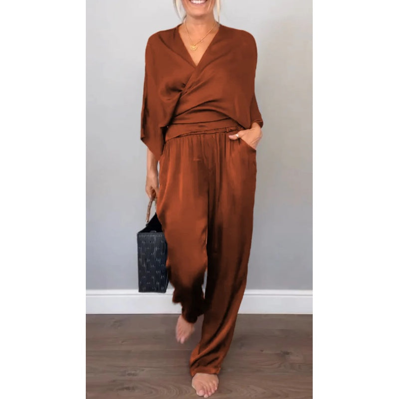 Zelda | 2 Piece Set V-Neck Wrap Top Wide Leg Pants